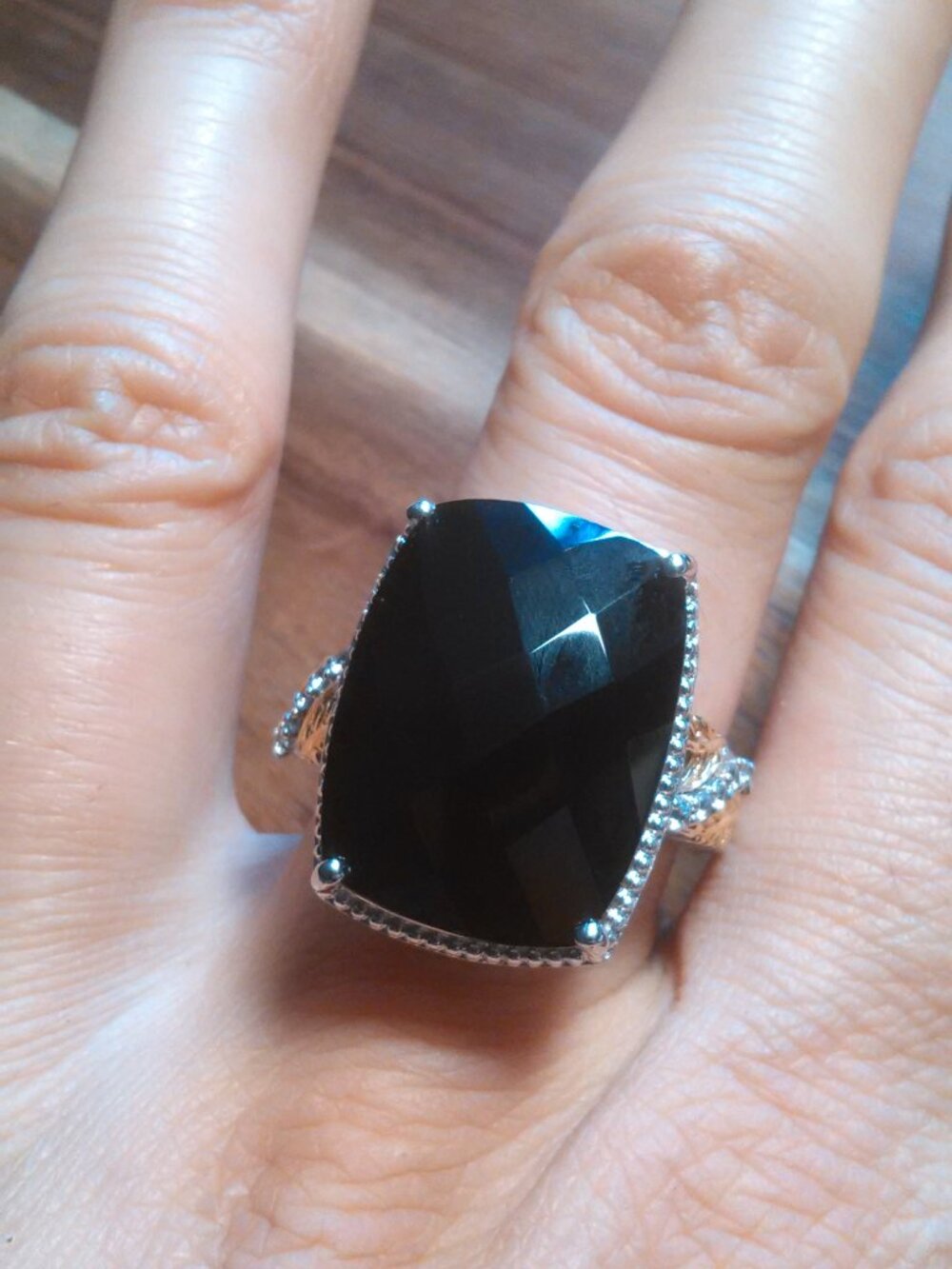 Thai Black Spinel White Zircon 18K Yellow Gold Plated, Platinum Bond Ring Size 9